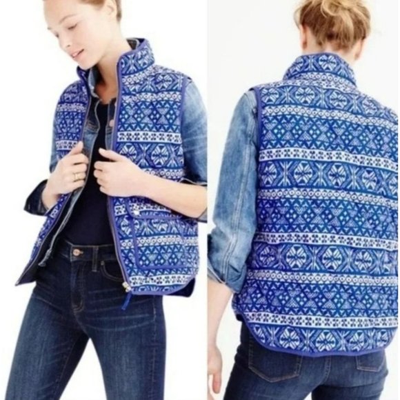 J. Crew Blue Excusion Blue fair Isle Puffer Full zipper Vest size Medium - Picture 1 of 7
